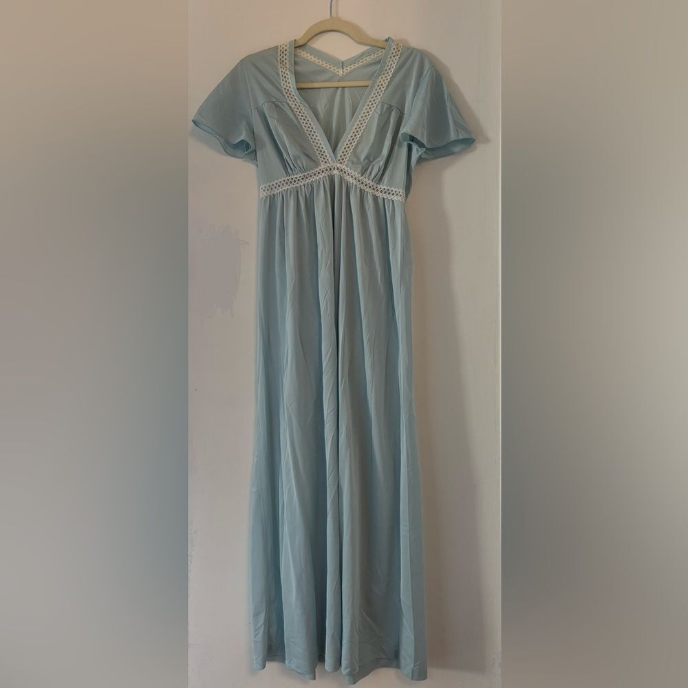 🎀Vintage🎀 70s Rutledge Light Blue Short Sleeve Lace Maxi Nightgown Size Medium
